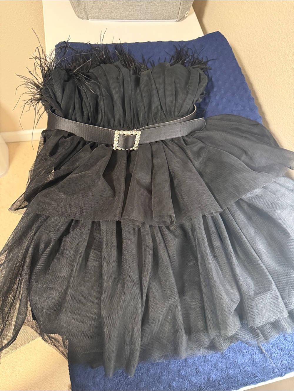 City Studio Black Strapless Feather-Trim Tulle Mini Dress with Rhinestone Buckle